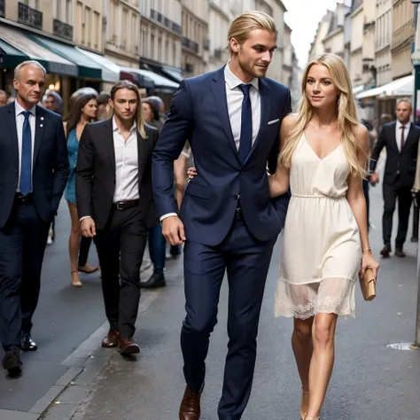 ((best quality)), ((masterpiece)), (detailed), ((couple)) 1woman, very long blonde hair, wearing summer dress, at champs-èlysées, Paris, France, with 1man, ((tall)) , ((muscular)) , dark short hair, wearing summer suit