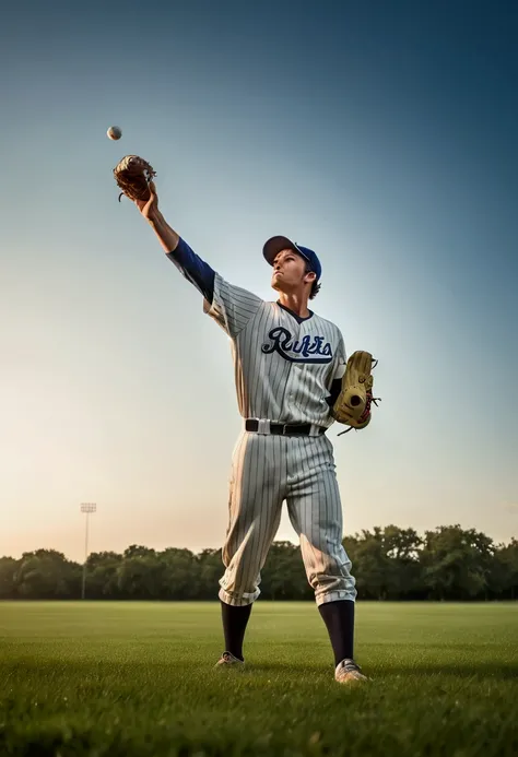 (Baseball Player), A baseball player stands on a vast grassland, his gaze closely following the baseball in the air. His body is light and agile, background is grass and clear sky, highlighting his focused expression, full body, award-winning, cinematic st...