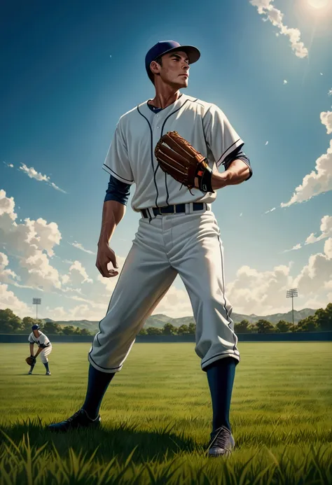 (Baseball Player), A baseball player stands on a vast grassland, his gaze closely following the baseball in the air. His body is light and agile, background is grass and clear sky, highlighting his focused expression, full body, award-winning, cinematic st...