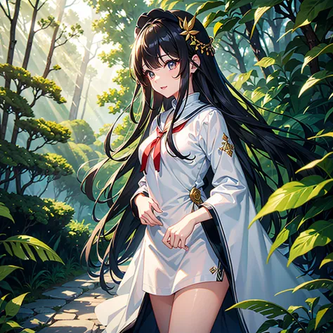 finely detailed beautiful girl, detailed 16k best quality, shiny hair, ultra-detailed beautiful shiny highlight clear eyes focus, Long Black Hair、Sailor suit、laughing、Brown eyes、Walking in the forest、