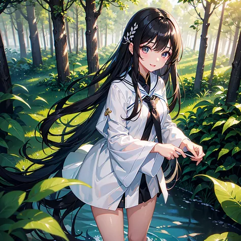 finely detailed beautiful girl, detailed 16k best quality, shiny hair, ultra-detailed beautiful shiny highlight clear eyes focus, Long Black Hair、Sailor suit、laughing、Brown eyes、Walking in the forest、