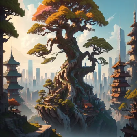 a painting of a tree on a cliff with a city in the background, by sylvain sarrailh, cyberpunk tree house, tree town, bonsai tree house, gnarled, highly detailed 4 k art, 4k highly detailed digital art, 4 k highly detailed art, 4k detailed art, 4k detailed ...