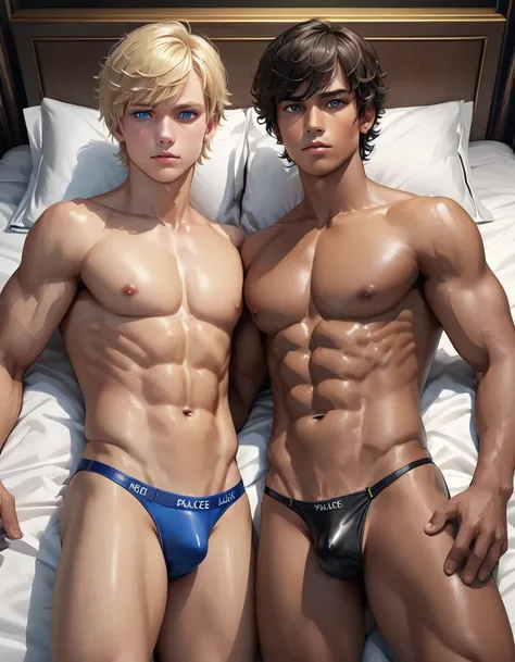 high quality, detailed, Realistic,(2boys:1.4), (17 years old tanned idol boys), (detailed blue eyes), (blond short hair), (abs), (tanned dark brown skin), night palace bedroom, (black tiny thong), (bulge), (detailed nipples), detailed areola,best quality,4...