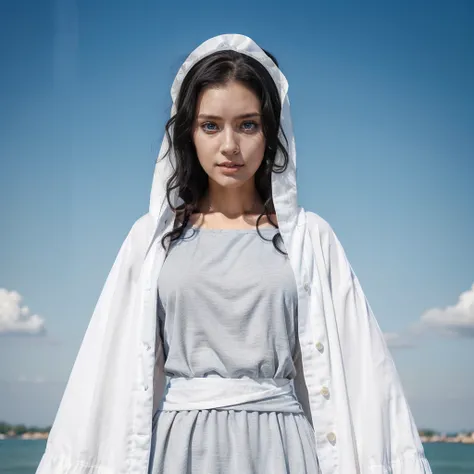 young woman, 25 years old, blue eyes, Curly black hair , serene face, gray dress with wide, long sleeves adjusted at the waist by an intertwined white sash.