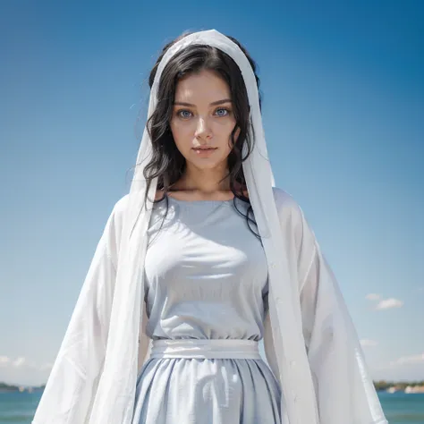 young woman, 25 years old, blue eyes, Curly black hair , serene face, gray dress with wide, long sleeves adjusted at the waist by an intertwined white sash.