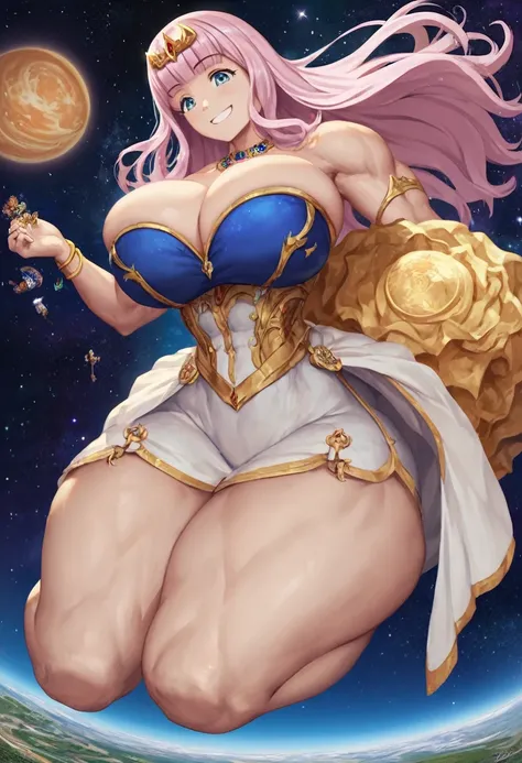 detailed, masterpiece, best quality,
1girl, score 9, score 8 up, score 7 up,

narrow waist, huge breasts, wide hips, huge ass, thick thighs, 

fujiwara chika, smug, (goddess), giantess, muscular, jewelry, cleavage, space, nebula, floating, full body