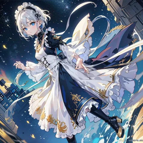 (masterpiece:1.6, Highest quality), (Fine and beautiful eyes: 1.2), Fiami, Yaminor, Ranpura, One girl, Flower Field, White Dress, planet, Starry Sky, petal, scenery, Floating Hair, night, No sleeve, Sun skirt, No sleeve dress, Illustration of one person, D...