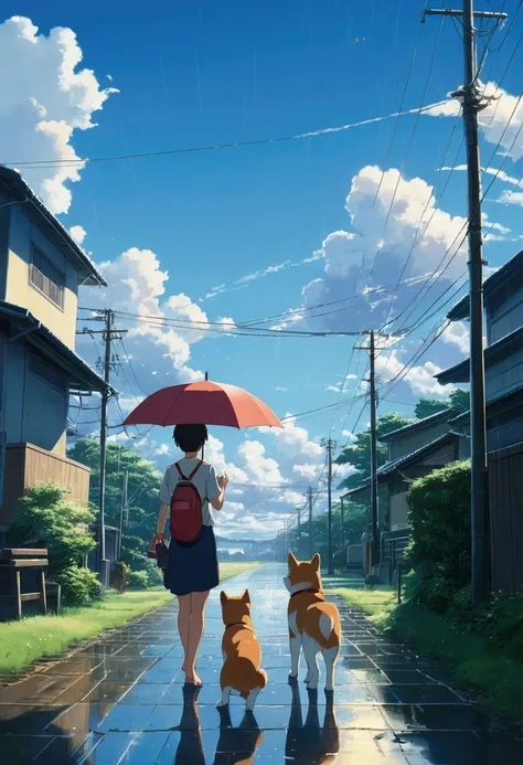 Makoto Shinkai Taste, Beautiful sky, rainy season, Umbrella,Shiba Inu Puppy, ,Romantic Landscape, Healing scenes,hope, Summer Morning,Makoto Shinkai Taste,Detailed Description,
