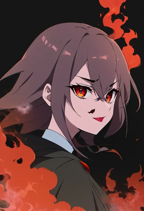 anime character with a demonic face on a black background in red smoke