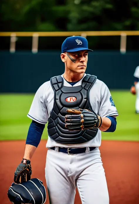 (Baseball Player), The baseball first baseman stands next to first base, his gloves firmly placed on his chest, and his focused gaze ready to react at any time. The background is the baseball field, focusing on their focused expressions and posture ready t...