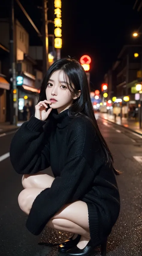 【Your request】：Japanese streets at night，A decadent black-haired girl with heavy dark circles under her eyes, wearing a loose black sweater, squatted on the side of the road and smoked

【Image Quality/Scenes/Special Effects/Emotional tone requirements/Char...