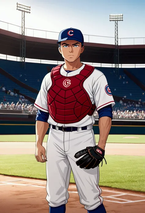 (Baseball Player), The baseball first baseman stands next to first base, his gloves firmly placed on his chest, and his focused gaze ready to react at any time. The background is the baseball field, focusing on their focused expressions and posture ready t...