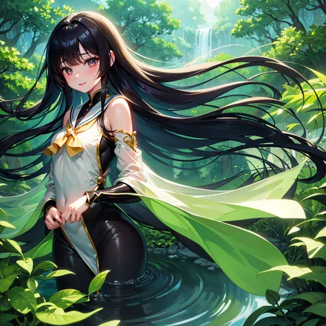 finely detailed beautiful girl, detailed 16k best quality, shiny hair, ultra-detailed beautiful shiny highlight clear eyes focus, beautiful shiny forest water background, Long Black Hair、Sailor suit、laughing、Brown eyes、