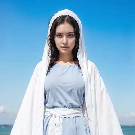 young woman, 25 years old, blue eyes, Curly black hair , serene face, gray dress with wide, long sleeves adjusted at the waist by an intertwined white sash.