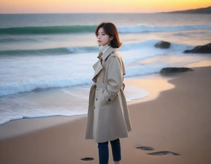 8K, Vivid picture quality, The picture quality is vivid,, long deserted beach, sunset view from afar, short hair that covers the neck, turtleneck, trench coat, sunset의 붉은 빛, sunset, alone, afternoon, depressed, tide가 밀려온다, ocean, tide, wind, short korean g...