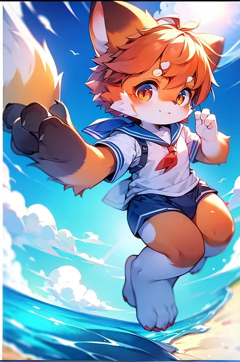 Red Panda Girl,8K,resolution,Ocean,Sailor suit,