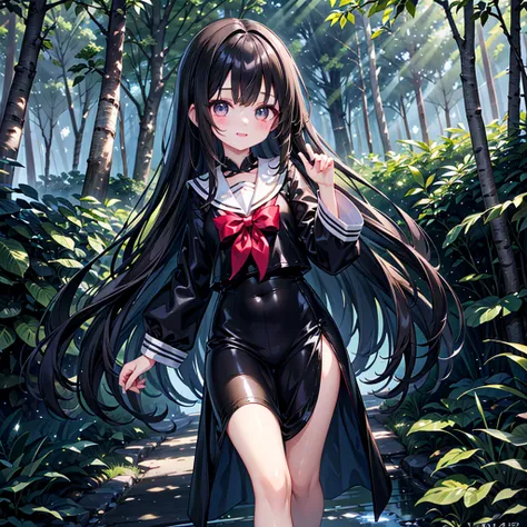 finely detailed beautiful girl, detailed 16k best quality, shiny hair, ultra-detailed beautiful shiny highlight clear eyes focus, Long Black Hair、Sailor suit、laughing、Brown eyes、Walking in the forest、