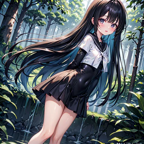 finely detailed beautiful girl, detailed 16k best quality, shiny hair, ultra-detailed beautiful shiny highlight clear eyes focus, Long Black Hair、Sailor suit、laughing、Brown eyes、Walking in the forest、