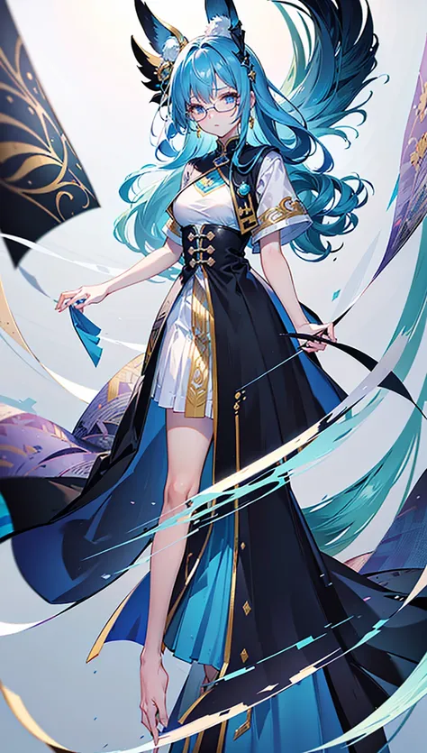 (Sky blue hair），Blue Eyes，Long curly hair，Big wavy hair，Round glasses，Girl，Wear a white cape，No hat，Black skirt，Holding a skirt in hand，Standing，Standing picture，whole body，游戏Standing picture，White background，8K，Correct human body，Detailed eye painting，ill...