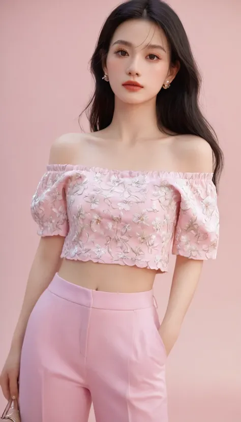 ((Extremely detailed)),(Extremely detailed), Extremely detailed CG unity 8k wallpaper,best quality, masterpiece, emilie_Q8, Off-shoulder,  Pink cropped top,