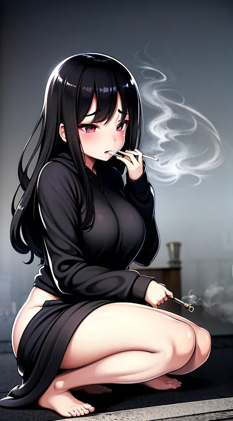 Japanese drama street background，Night street background，Neon light，Background blur，Decadent maiden，Heavy dark circles，Black sweatshirt，宽大Black sweatshirt，Loose fitting robes，Smoky makeup，smokes，Smoking，Cigarette in hand，Smoking姿势，Squatting，Girl squatting ...