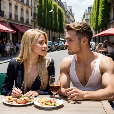 ((best quality)), ((masterpiece)), (detailed), ((couple)) 1woman, very long blonde hair, wearing summer dress, having lunch, in Paris, France, with 1man, ((tall)) , ((muscular)) , dark short hair, wearing summer suit