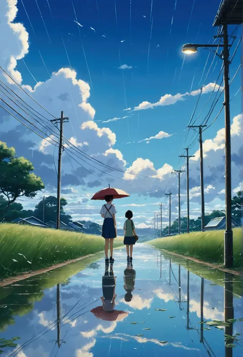 Makoto Shinkai Taste, Beautiful sky, rainy season, Its drizzling,Reflection of light,Umbrella,Shiba Inu Puppy, Girl with shoes,Romantic Landscape, Healing scenes,hope, Summer Morning,Makoto Shinkai Taste,Detailed Description,