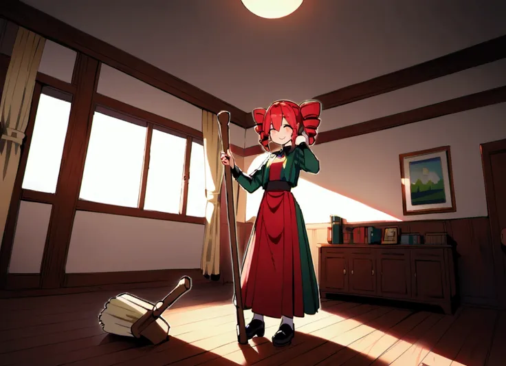 Red hair, smiling, holding broom, in room, full body