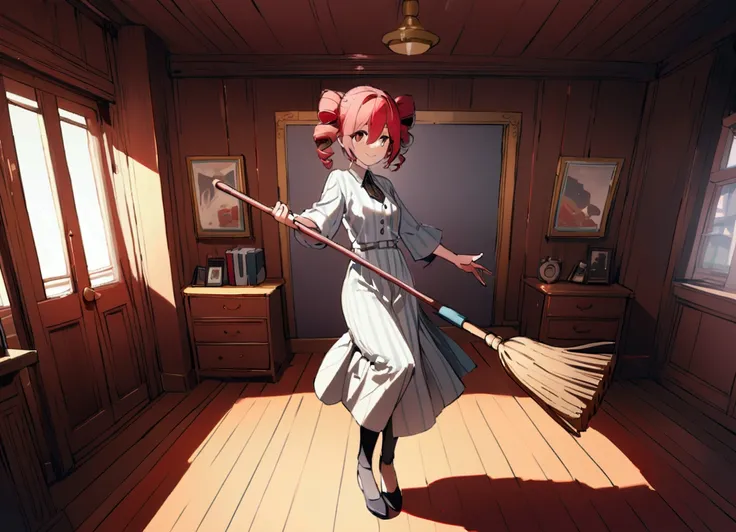 Red hair, smiling, holding broom, in room, full body