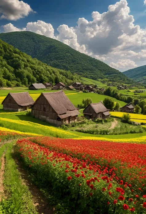 small village in the countryside, Field, Mountain, wood, flower Field, Sky with clouds, The sun shines