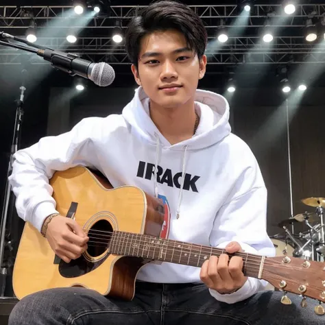 a handsome Indonesian man with a Korean face, 20 years old, wear a branded white hoodie (Irack) long black jeans. was sitting on an artist&#39;s bench on a stage holding a guitar and playing the guitar, both hands holding the guitar while playing it, In fr...