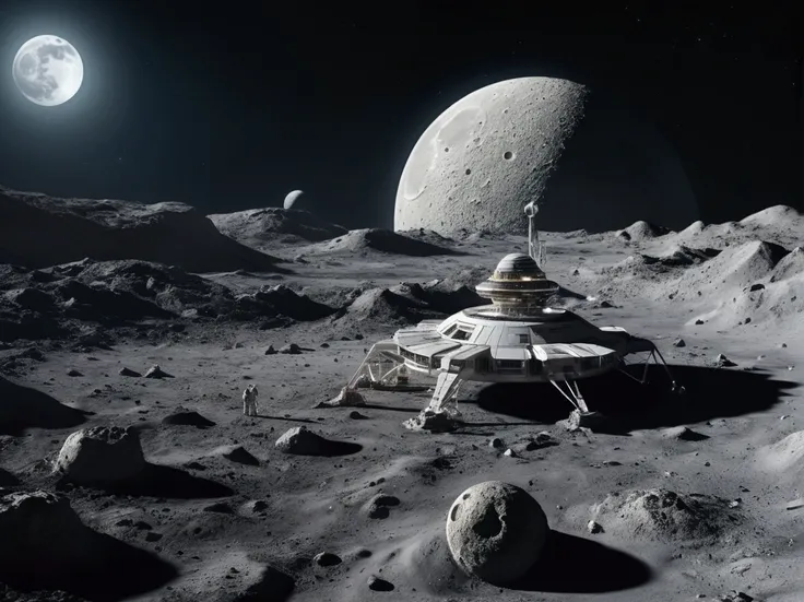 (8k, 16k, highest quality, photorealistic, raw photo, award winning, high resolution, high definition, masterpiece: 1.3) Colonies once built on the moon, ruins on the moon, old colonies, the first colonies built on the moon A decaying white colony that is ...