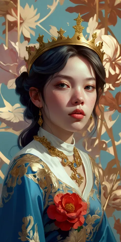 Portrait of a woman in a blue dress and gold crown., Artwork in the style of gouache, Amazing digital illustrations, Beautiful digital illustrations, Beautiful digital illustrations, Fantasy behavior, Beautiful digital artwork, Greedy and failed, James Jea...