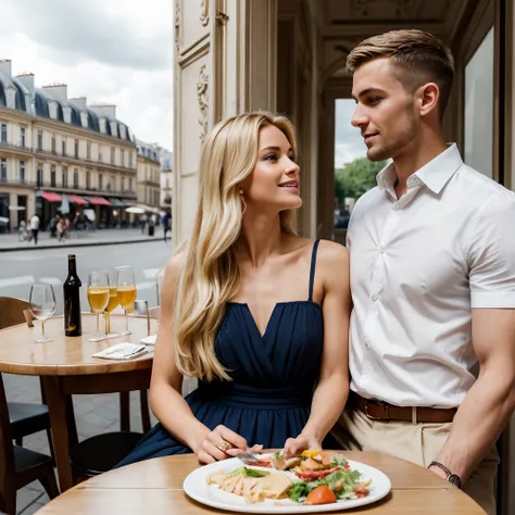 ((best quality)), ((masterpiece)), (detailed), ((couple)) 1woman, very long blonde hair, wearing summer dress, having lunch, in Paris, France, with 1man, ((tall)) , ((muscular)) , ((dark short hair)) , wearing summer suit