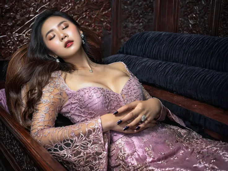 In a striking 8K HDR scene, a stunning Korean woman, 22 years old, lies peacefully in a black coffin surrounded by plush pillows. The deep box is set against a rich black background, accentuating the beauty of the subject. Her exquisite deep-V neckline keb...