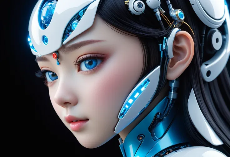 complex 3d render ultra detailed of a beautiful porcelain skin head asian girl with blue eyes profile android face, Facing the camera、cyborgs, roboticparts, 150mm, beautiful studio soft light, Felgenlict, vibrant detail, luxuriouscyberpunk, Go to top, Hype...