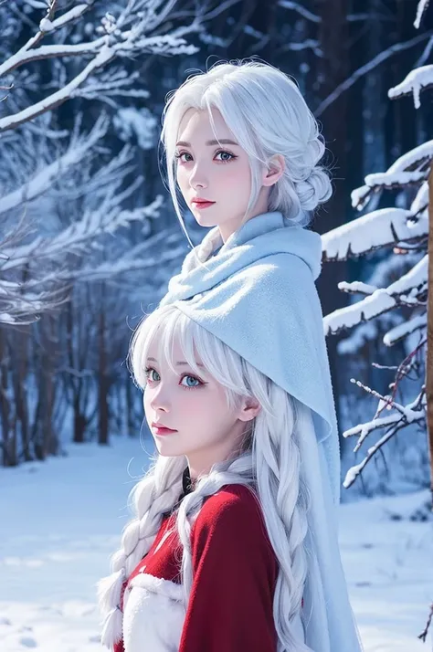 Recent anime illustrations、A girl with white hair and red eyes who can use ice magic like Elsa is standing alone in a snowy park with a slightly lonely look on her face.、The moment I looked back this way。