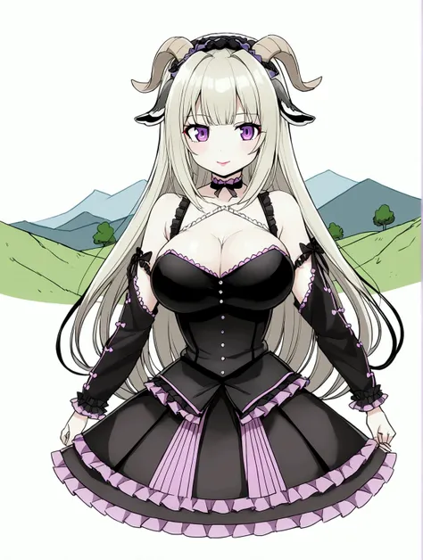 Hot girl, long hair, Golden white hair, purple eyes, Goat ears, big breasts, , Lolita dress, anime girl, pinkish red lips, Turn Left,Goat Girl,anime girl,small hill