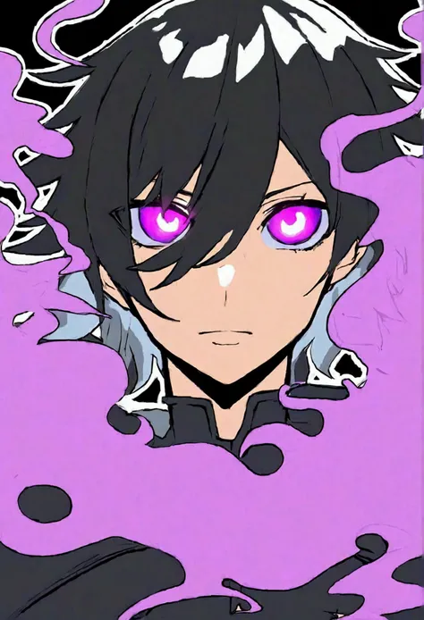 anime with burning eyes full of rage on a black background with purple smoke