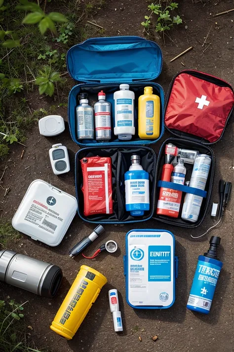 emergency kit with essentials like water, food, flashlight, batteries, and first-aid supplies