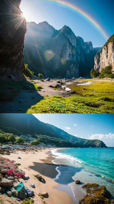 there is a rainbow in the sky over a beach with rocks and pebbles, seashore, Alpine Forest Landscape Photo，Steep mountain roads，Clear and transparent lake，wood，Bushes，Fallen leaves，Dawn Sun，Kasumi，Cliffs and mountains，Dilapidated，Lonely，cold，Foggy sky，Not ...