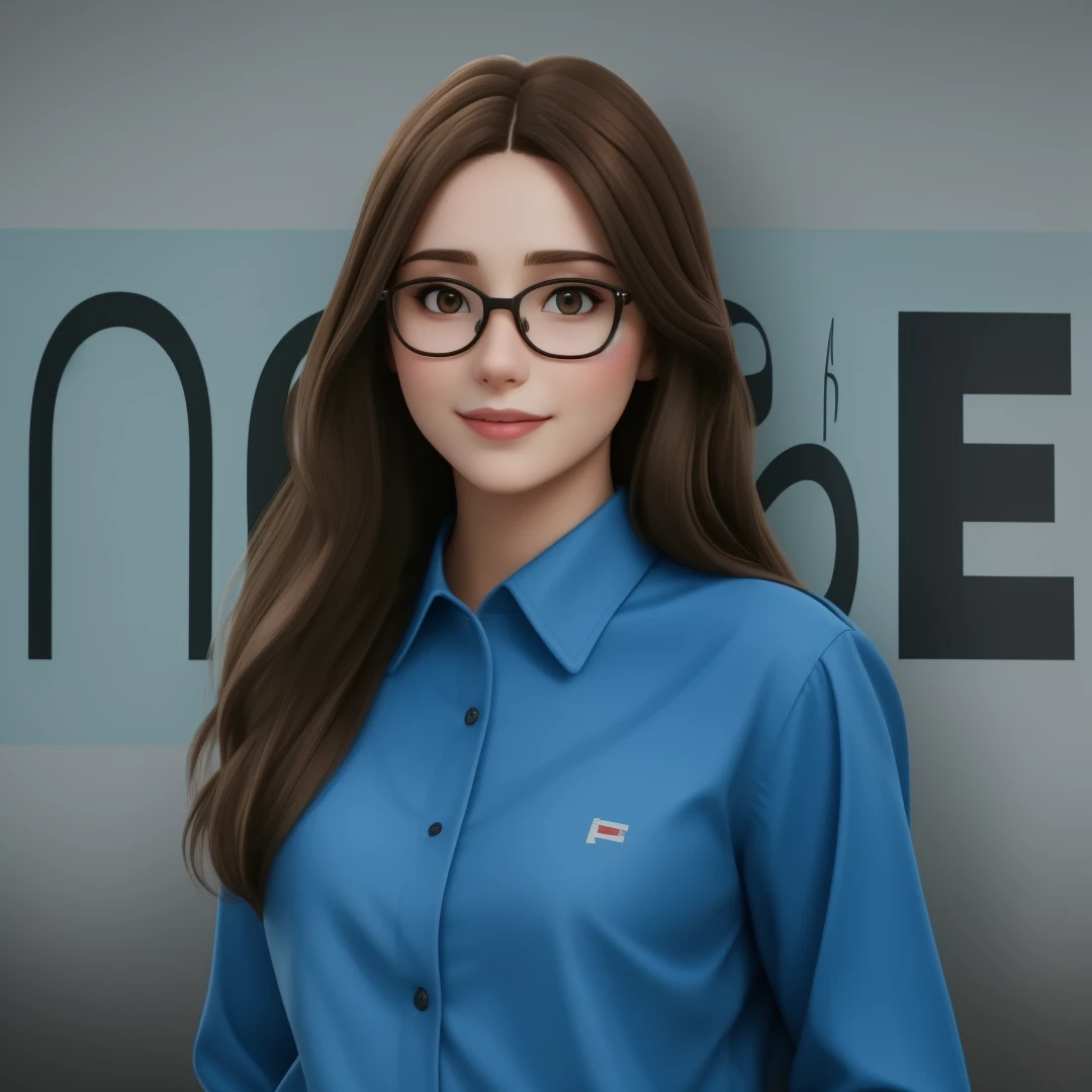 a beautiful woman of 25, with long brown hair,it&#39;s made of diamonds, strict look, and blue eyes, Wearing blue shirt with tie and glasses.