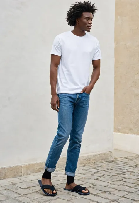 Signe de la main homme noir t-shirt bland ,blue jeans flip flops socks 