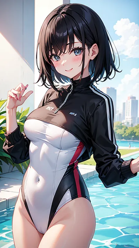 White competitive swimsuit　Black Bob Hair　Great style　blush　smile　Directly facing