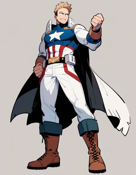 One boy, male focus, brown and blond hair, boku no hero academia, masterpiece, best quality, very aesthetic, red, blue, white super hero suit, cape, boots, captain America like, proportionally anatomical, full body illustration, casual front pose.