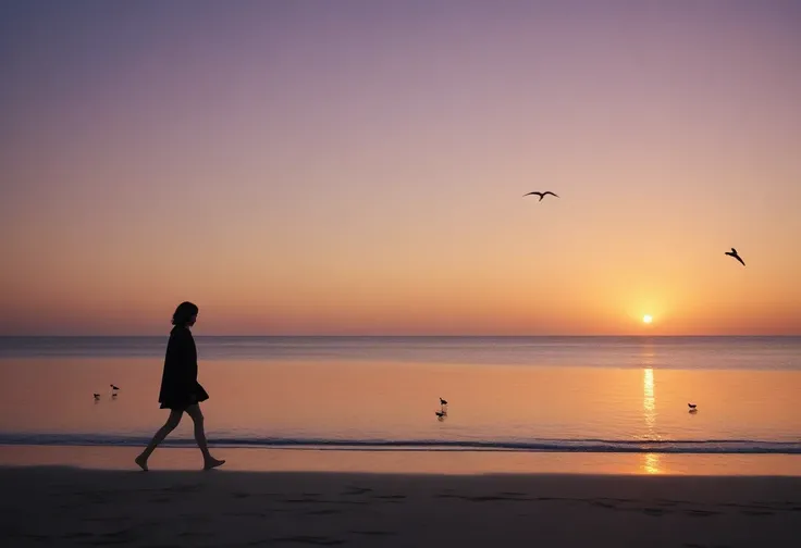 8K, Vivid picture quality, long deserted beach, A woman with short hair walking from afar, red light of sunset, sunset, alone, afternoon, depressed, birds가 밀려온다, ocean, birds, wind, short korean girl, 잔잔한 birds, bare foot