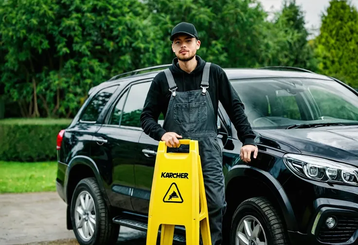 guy wearing work overalls and black cap leaning on car , full body , high quality , 4k , holding karcher in his hand