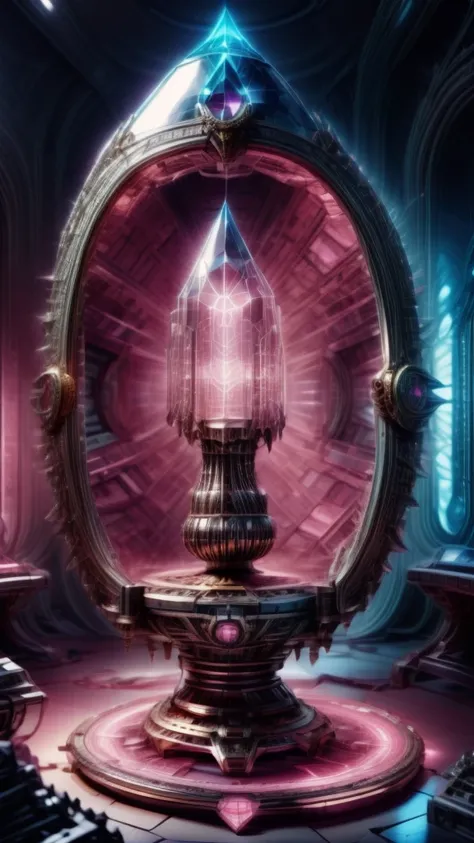 ancient and mysterious room full of mystical artifacts. At the center, on illuminated pedestals, An ancient spell book with glowing arcane symbols is laid out, an oval mirror with an intricate gold frame that reflects a parallel world, an eye-shaped amulet...