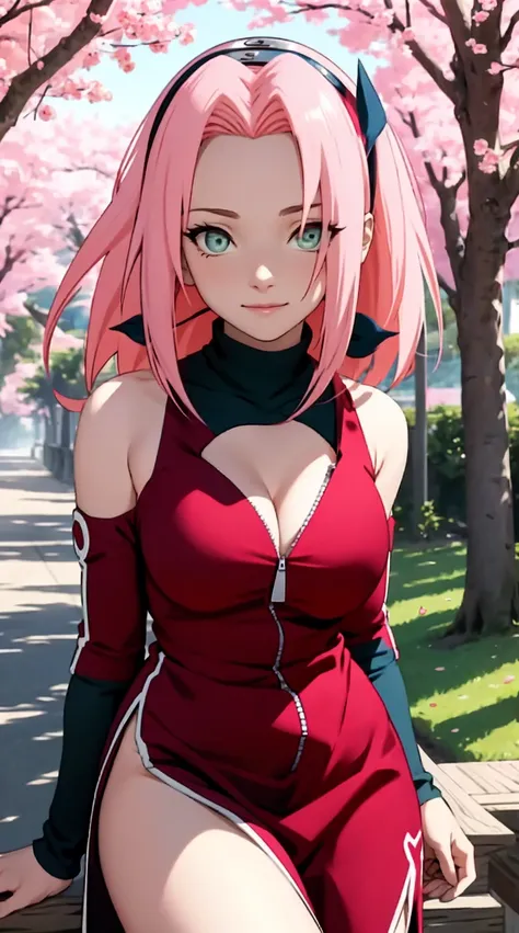 tmasterpiece， Best quality at best， 1girll， Sakura Haruno， Large breasts，Off-the-shoulder attire，upperbody closeup)，Raised sexy，is shy，ssmile，with pink hair， long whitr hair， （Green eyeballs:1.4)， Forehead protection， the cherry trees，Cherry blossoms flyin...