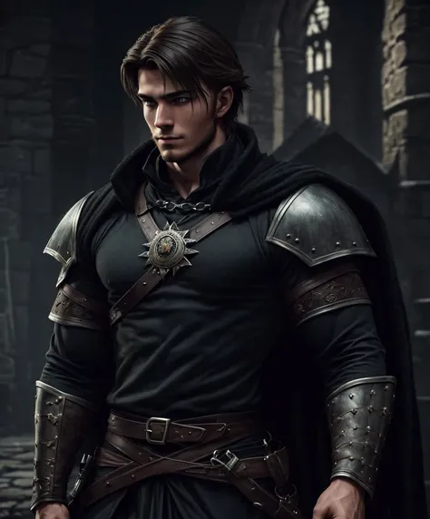 (((Single character image.))) (((1boy))) (((Dressed in medieval fantasy attire.)))  (((Generate a darkly handsome male character for a fantasy setting.))) (((Appears to be 20 years old with youthful looks.))) (((Looks like the ideal vision of a sexy, hands...